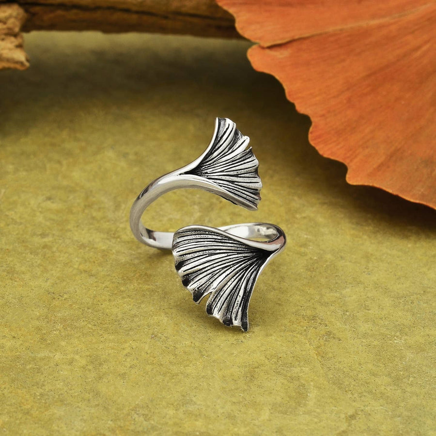 Gingko Leaf Adjustable Recycled Silver Ring - Stone & Spoon