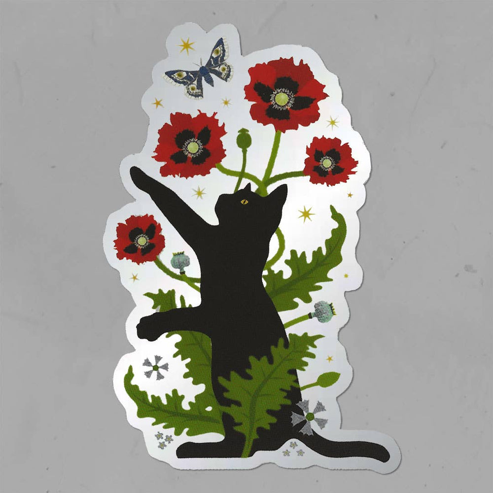 Black Cat & Poppies Matte Mirror PVC-Free Sticker - Stone & Spoon
