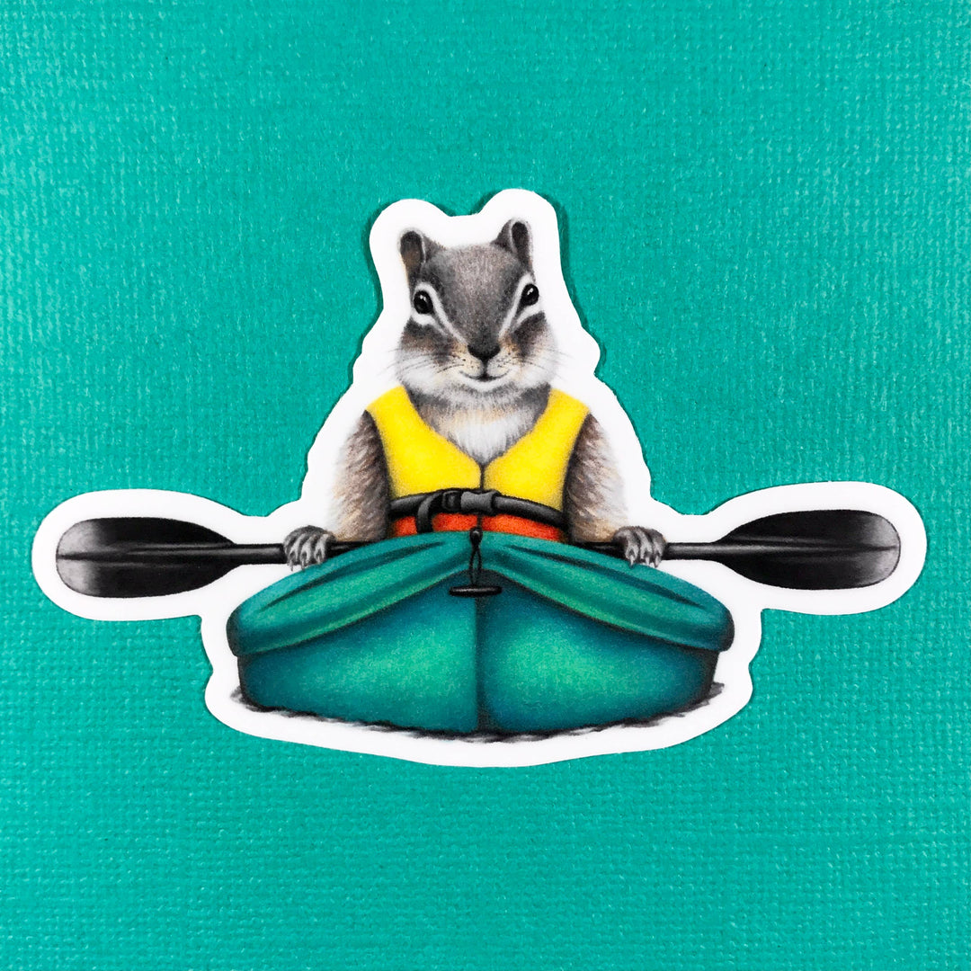 Chipmunk in a tiny kayak sticker