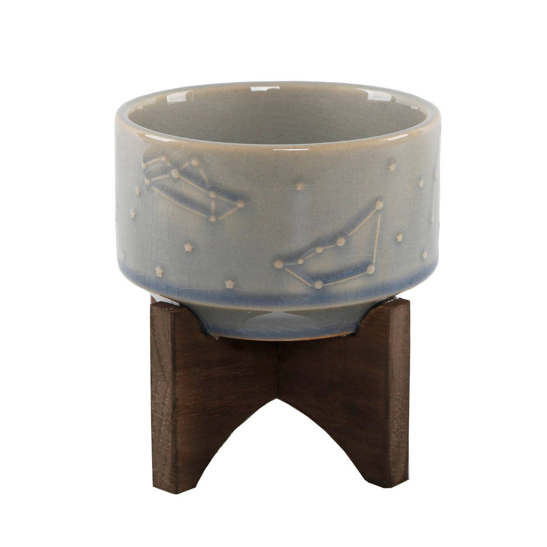 4" Constellation Ceramic Pot On Wood Stand