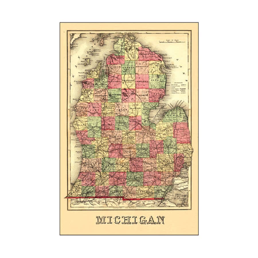 Michigan Lower Peninsula Vintage 1800s Map Linen Postcard
