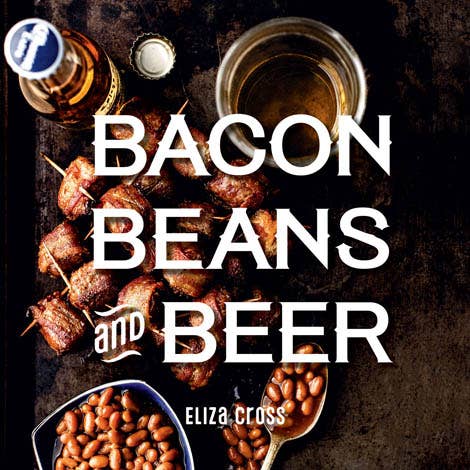 A cozy culinary trio perfect for tailgating food: hearty Gibbs Smith bacon-wrapped bites, savory Gibbs Smith beans, and a refreshing Gibbs Smith bottle of beer create the perfect casual feast atmosphere.