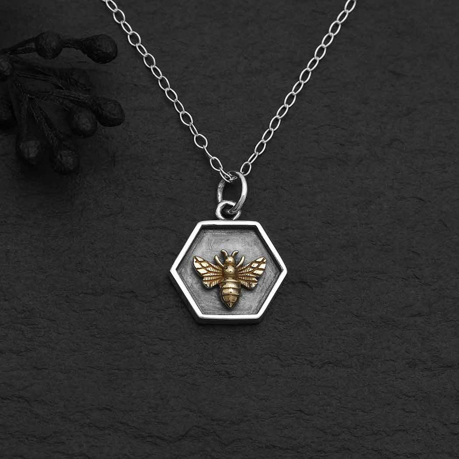 Hexagon & Bronze Bee Necklace - Stone & Spoon