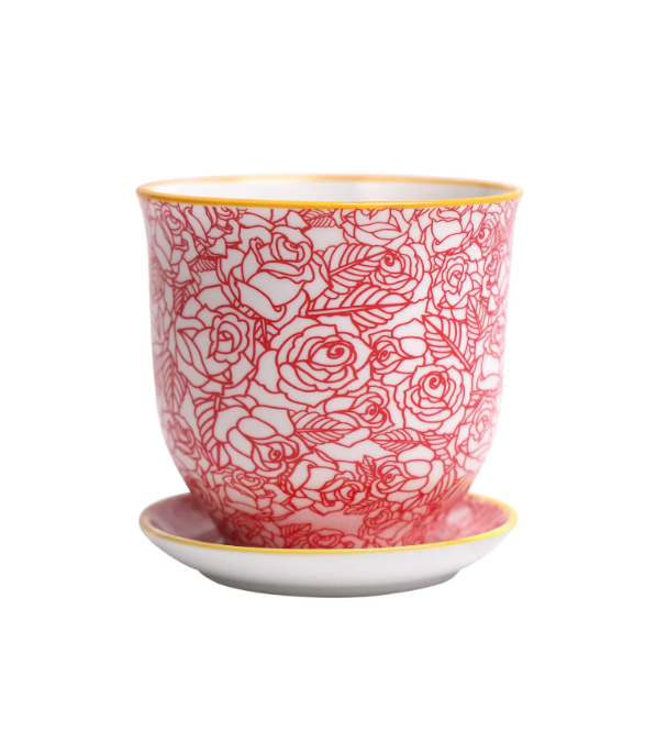 Red Roses Pot & Saucer 4.5" - Stone & Spoon