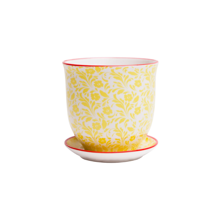 Yellow Flowers Liberte Pot & Saucer 4.5"