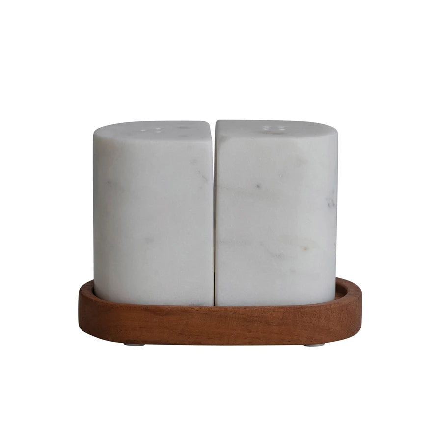 Marble Salt & Pepper Shakers W Acacia Tray