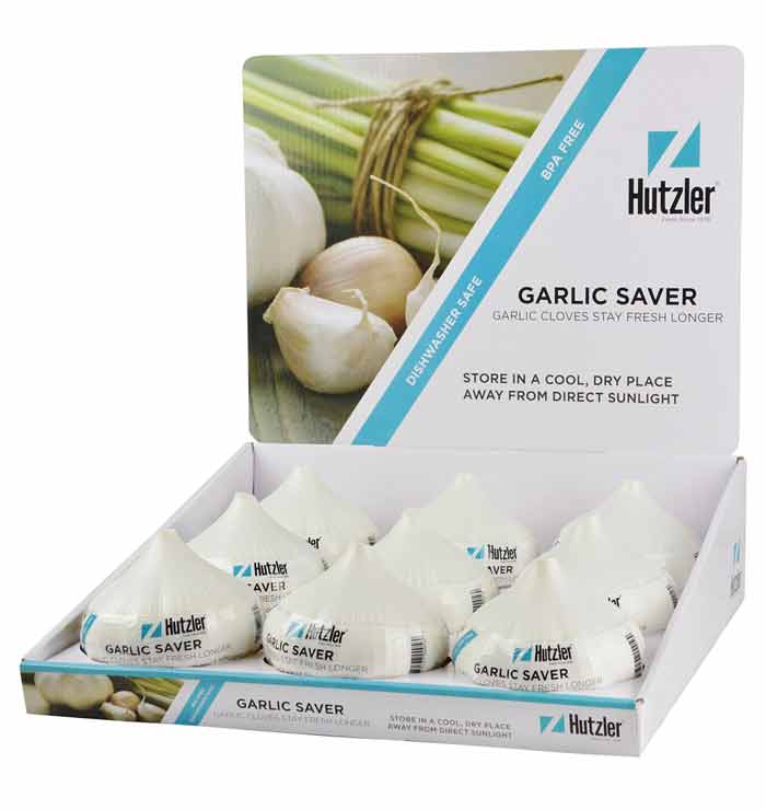 A box of Gourmac Garlic Saver Counter Display containers designed to keep garlic cloves fresh for longer, with the packaging showing images of garlic and instructions to store in a cool, dry place away from direct