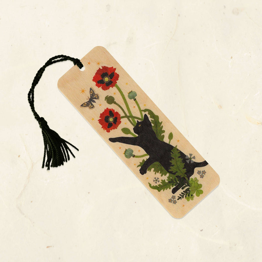 Black Cat and Poppies Wood Bookmark with Tassel - Stone & Spoon
